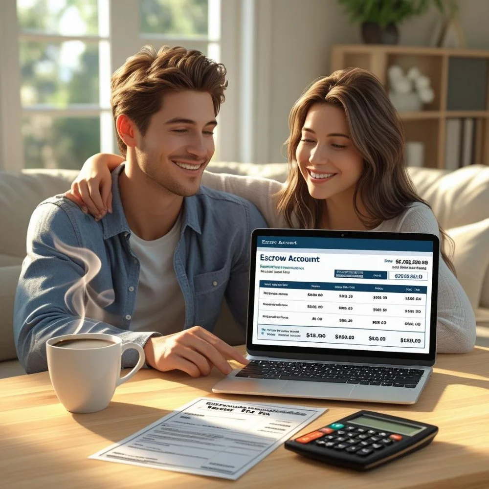 "Couple reviewing escrow account and property tax details on laptop at home"
