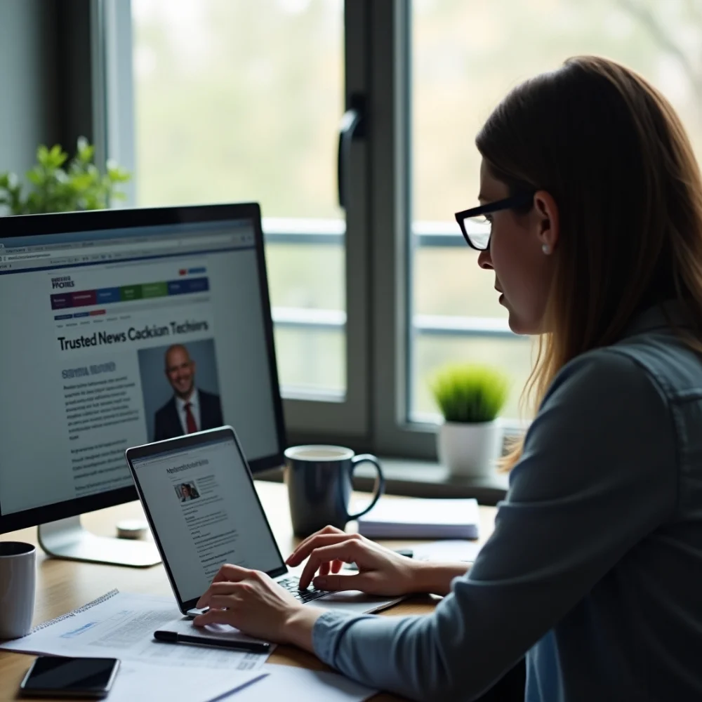 Image of Person verifying breaking tech news on laptop and phone to cross-check sources and avoid misinformation.