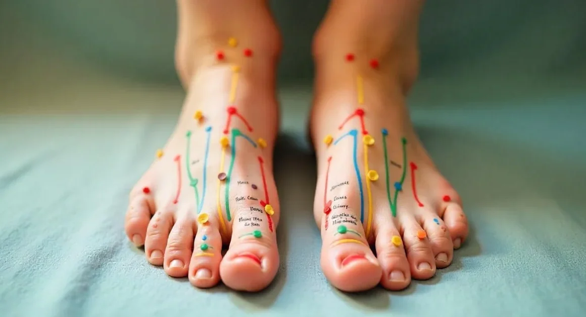 Image of Reflexology chart with labeled pressure points on feet showing organ connections.