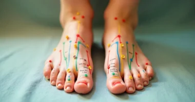 Image of Reflexology chart with labeled pressure points on feet showing organ connections.