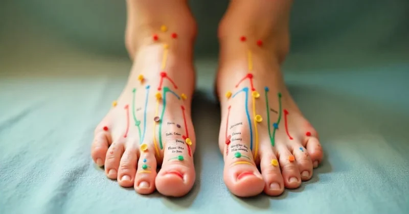 Image of Reflexology chart with labeled pressure points on feet showing organ connections.