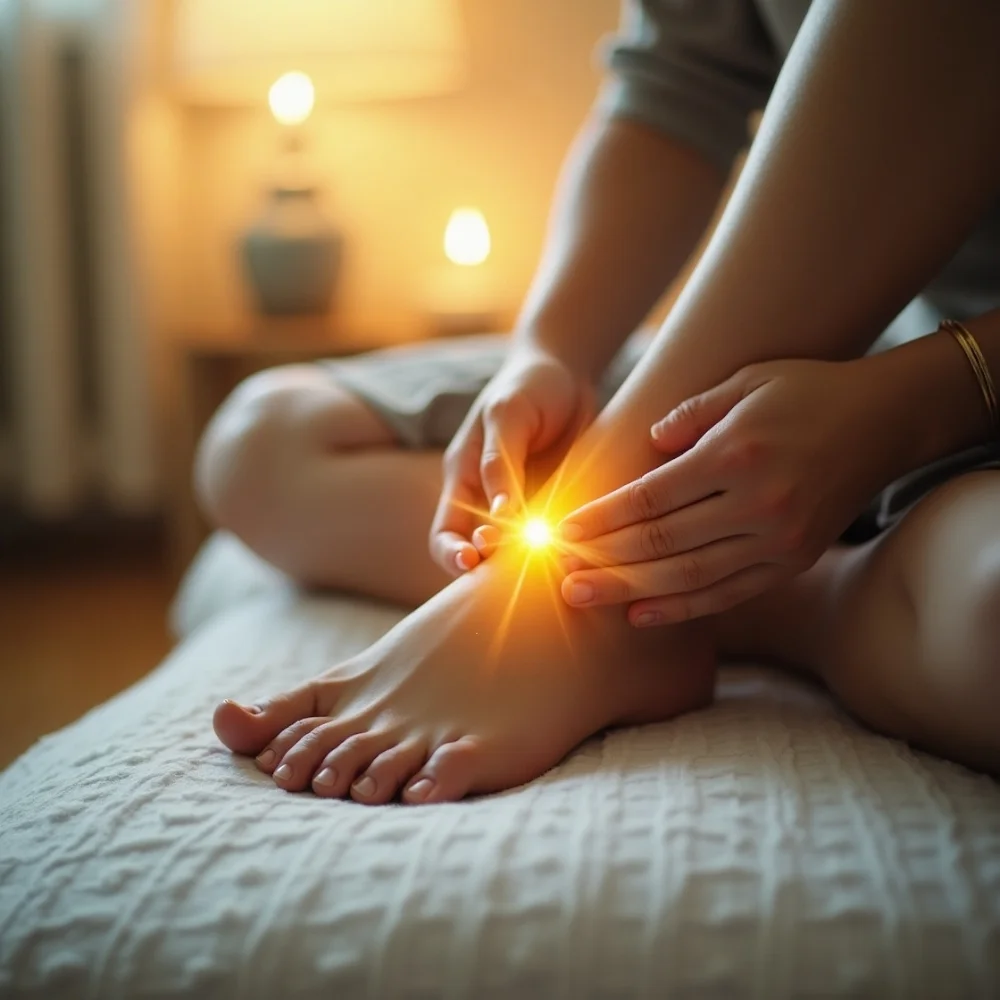 Image of Reflexology for emotional well-being using pressure points on the foot to reduce stress and restore balance.