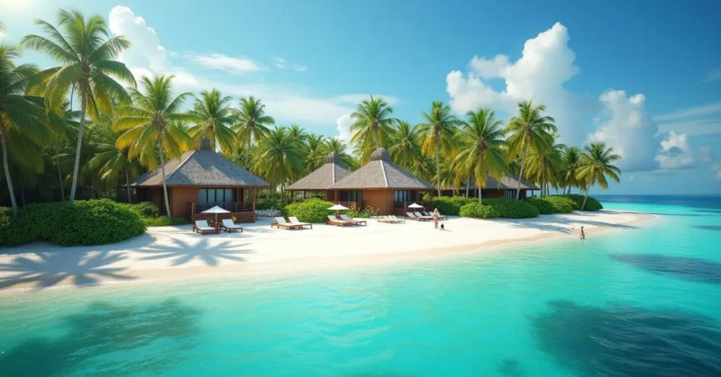 Tropical beachfront view of Anna Island Hotel with palm trees, blue ocean, and cozy rooms by the sea.