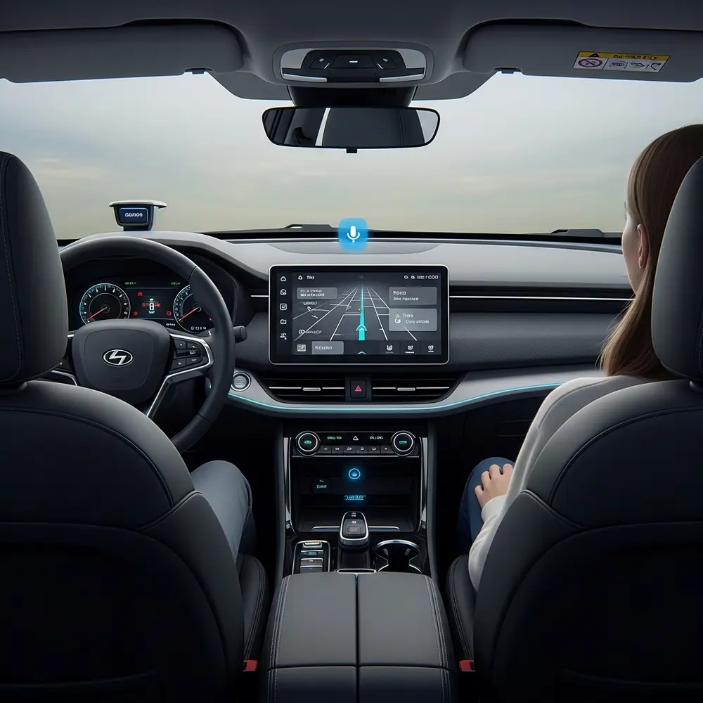 Interior of a self-driving robo taxi with a screen showing route and a passenger riding calmly in the back seat.