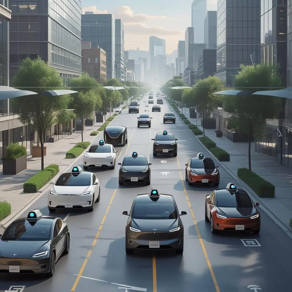 Self-driving cars from Waymo, Cruise, Baidu, Zoox, and Tesla on city roads, showing robo taxi competition.