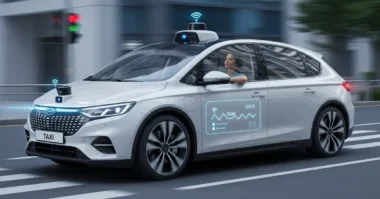 Realistic self driving robo taxi in a smart city with a passenger inside, showing future urban transport technology.