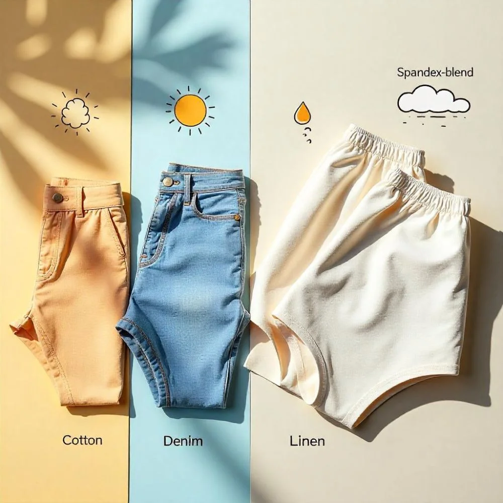 Fabric swatches labeled cotton, denim, linen, and spandex-blend shown with summer icons and hot pants, highlighting breathable materials for warm weather.