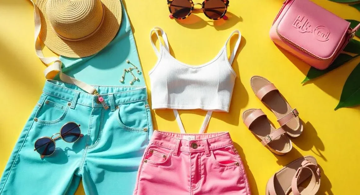 Flat lay of 2000s-inspired summer outfit with hot pants, crop top, platform shoes, and Y2K accessories on a bright, colorful background.
