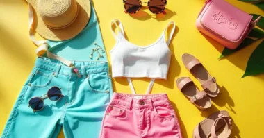 Flat lay of 2000s-inspired summer outfit with hot pants, crop top, platform shoes, and Y2K accessories on a bright, colorful background.