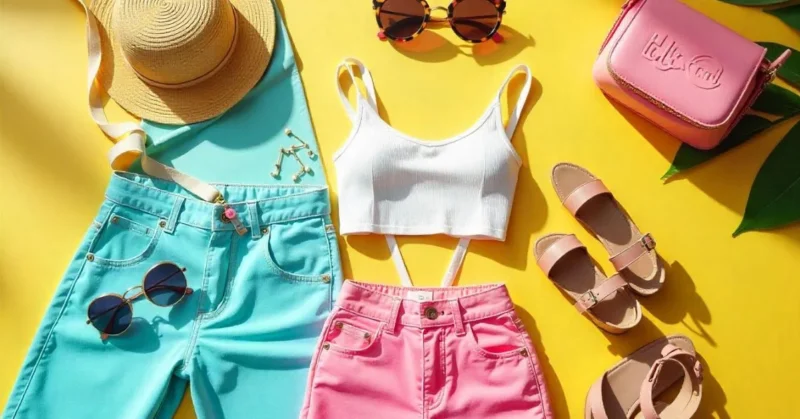 Flat lay of 2000s-inspired summer outfit with hot pants, crop top, platform shoes, and Y2K accessories on a bright, colorful background.