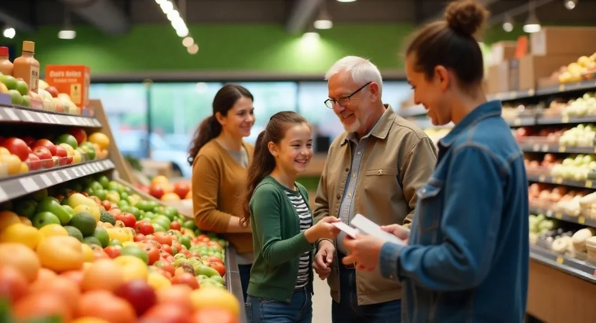 Diverse SNAP recipients shopping for healthy groceries with EBT cards in a cheerful supermarket.