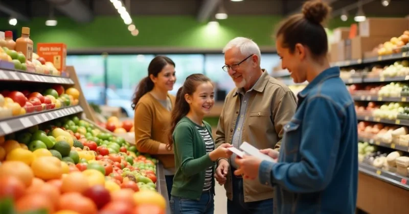 Diverse SNAP recipients shopping for healthy groceries with EBT cards in a cheerful supermarket.
