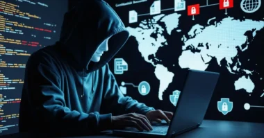 Anonymous user accessing leaked files securely in a dark room with data visuals.