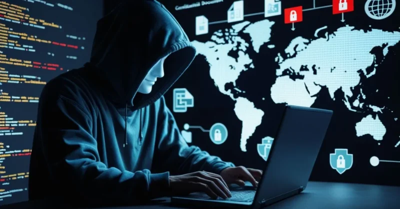 Anonymous user accessing leaked files securely in a dark room with data visuals.
