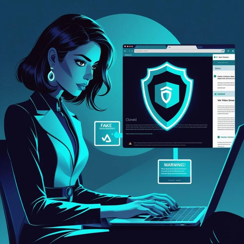 User accessing leaked data securely with Tor and VPN, avoiding fake websites.