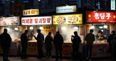 Image of Locals enjoying Seoul’s street food at night market.