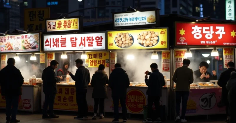 Image of Locals enjoying Seoul’s street food at night market.