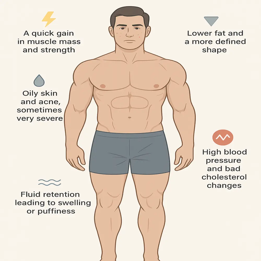 Illustration of a muscular person showing short-term steroid effects like acne, swelling, fat loss, and blood pressure changes.