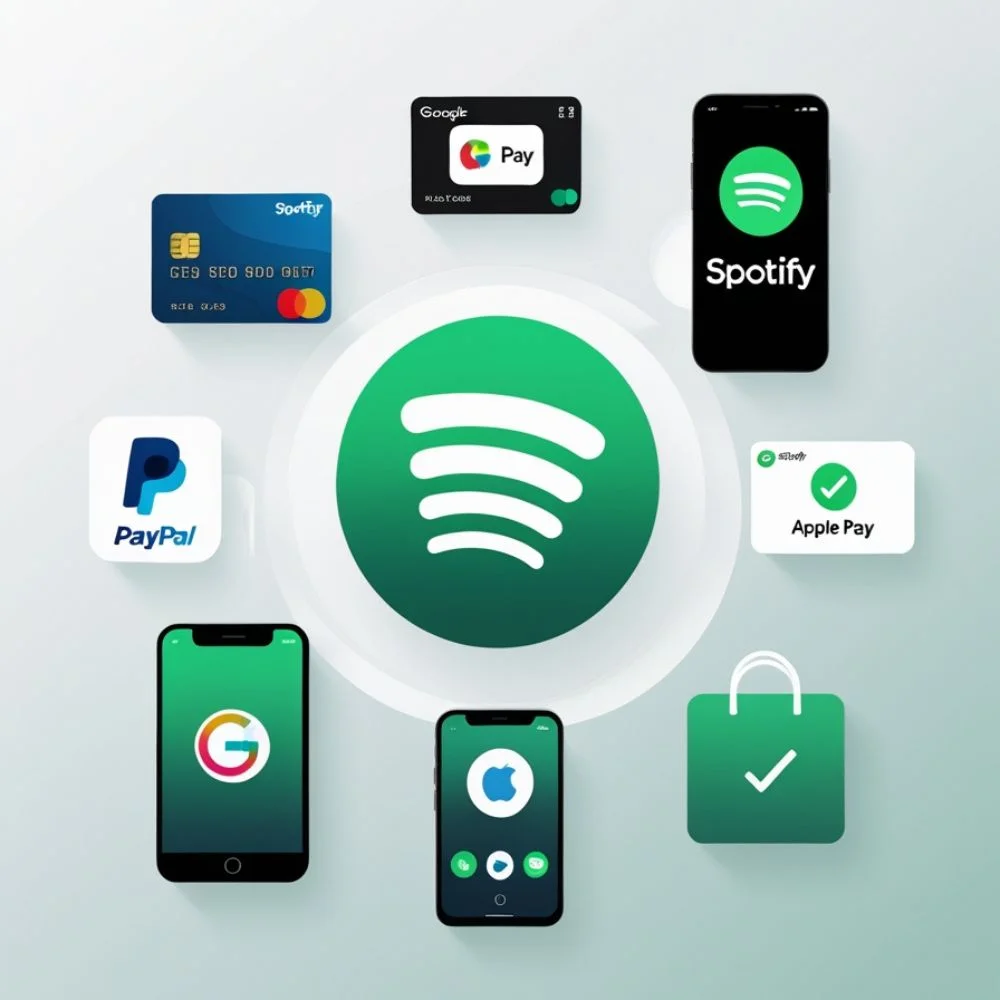 Spotify payment options including cards, PayPal, mobile apps, and gift cards. 