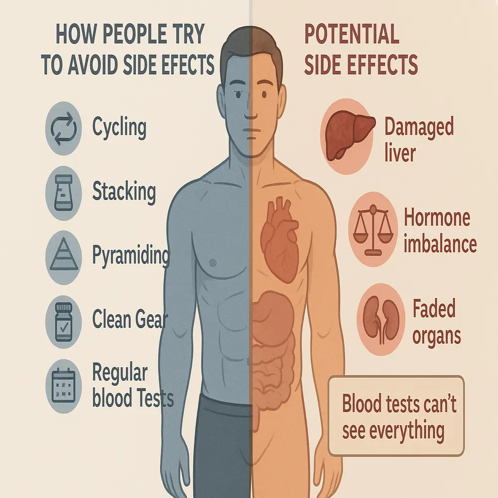 Split human figure shows steroid users’ hopeful methods vs. hidden side effects like organ damage and hormone imbalance.
