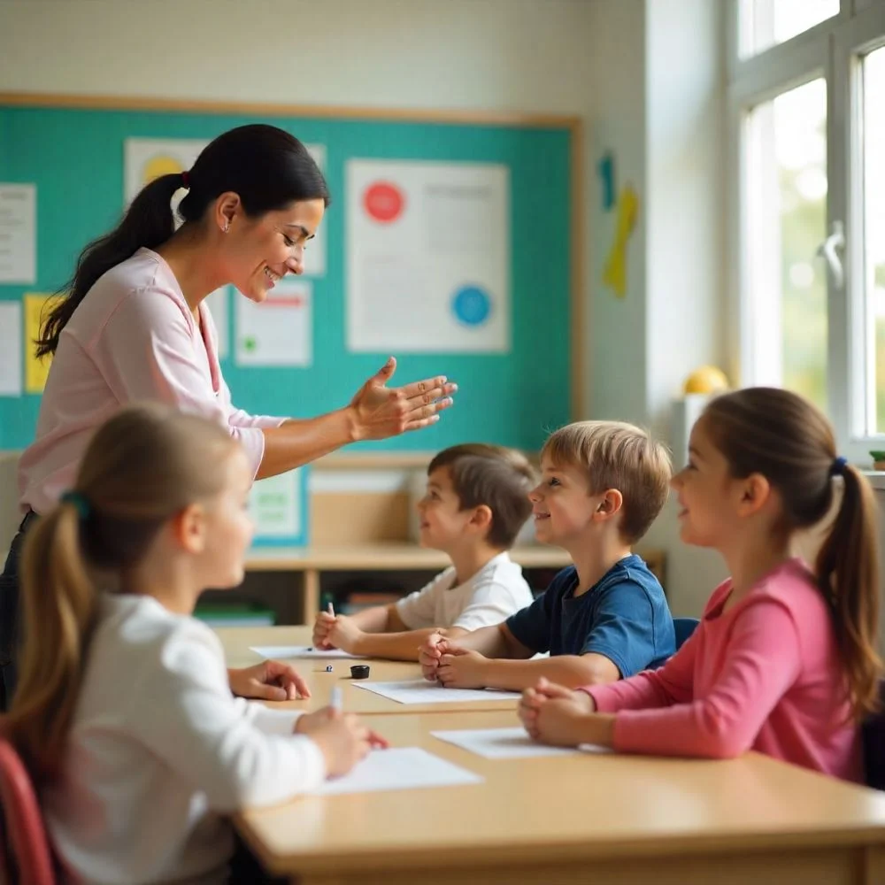  Teacher explaining classroom game rules to focused students. 