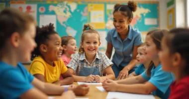 Students playing a classroom management game with a smiling teacher.