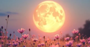Pink Moon 2025 over spring flowers