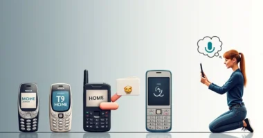 Visual timeline of mobile typing evolution from T9 keypads on old phones to modern smartphones with QWERTY, swipe, voice, and emoji keyboards.