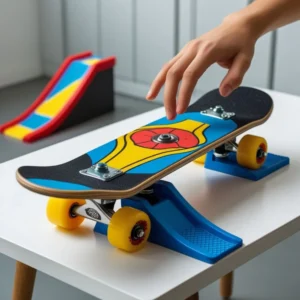 Tech Deck on a table near a mini ramp, ready for a trick.