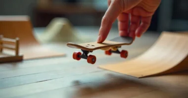 Finger doing a trick with a Tech Deck on a mini ramp.