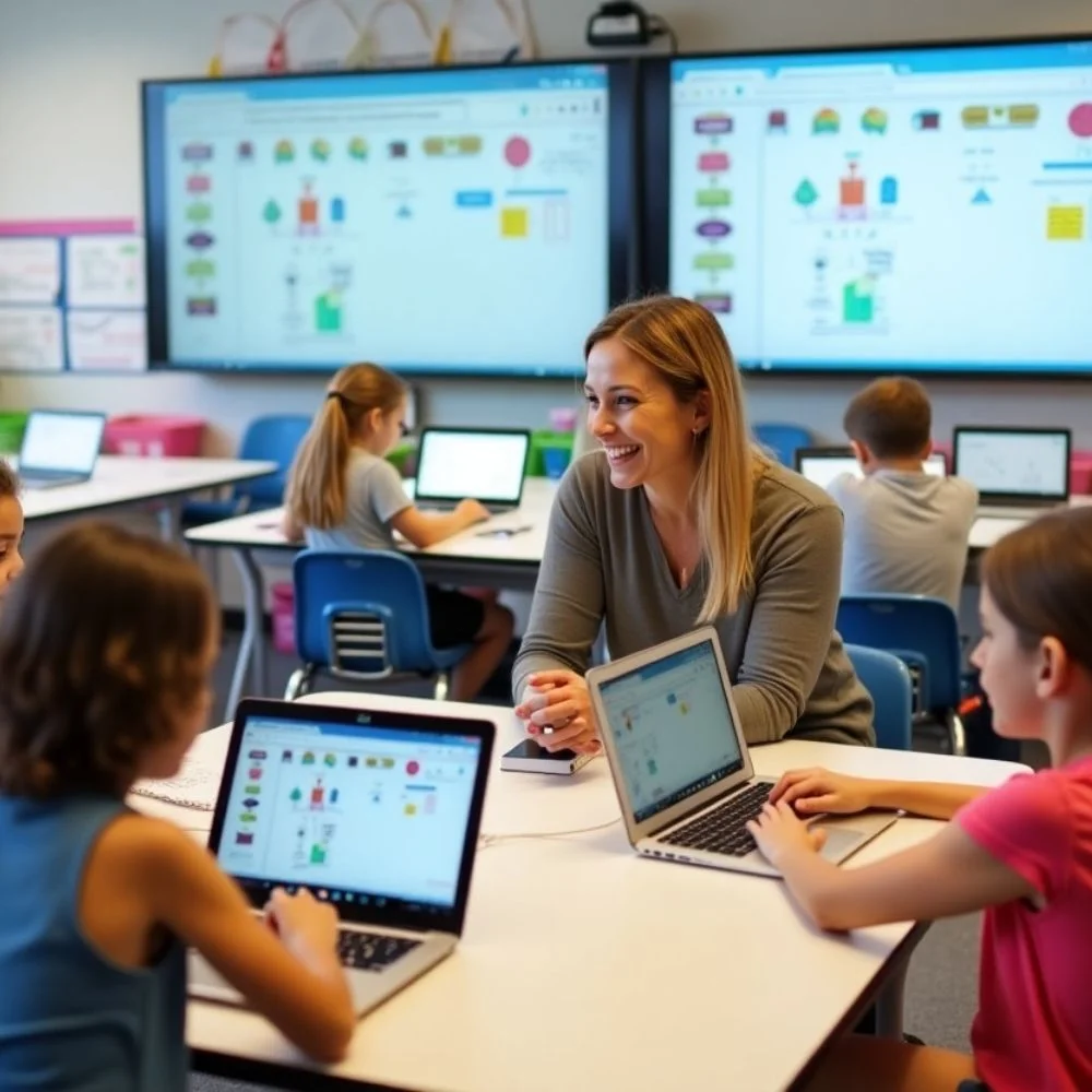 Students using digital tools with teacher guidance