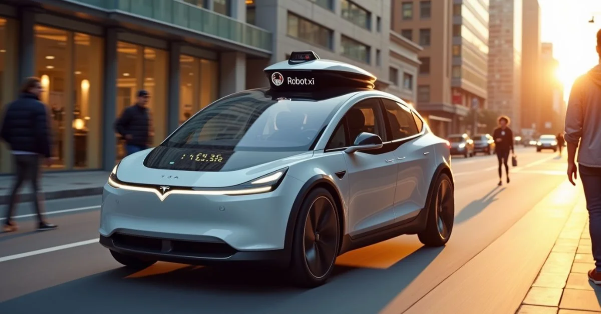 Tesla Robotaxi driving autonomously through a modern city street at sunset
