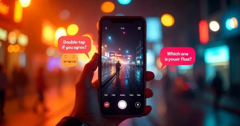 TikTok video on phone with captions like “Wait for it…” and hashtags (#fyp, #viral), surrounded by emojis and engagement icons.