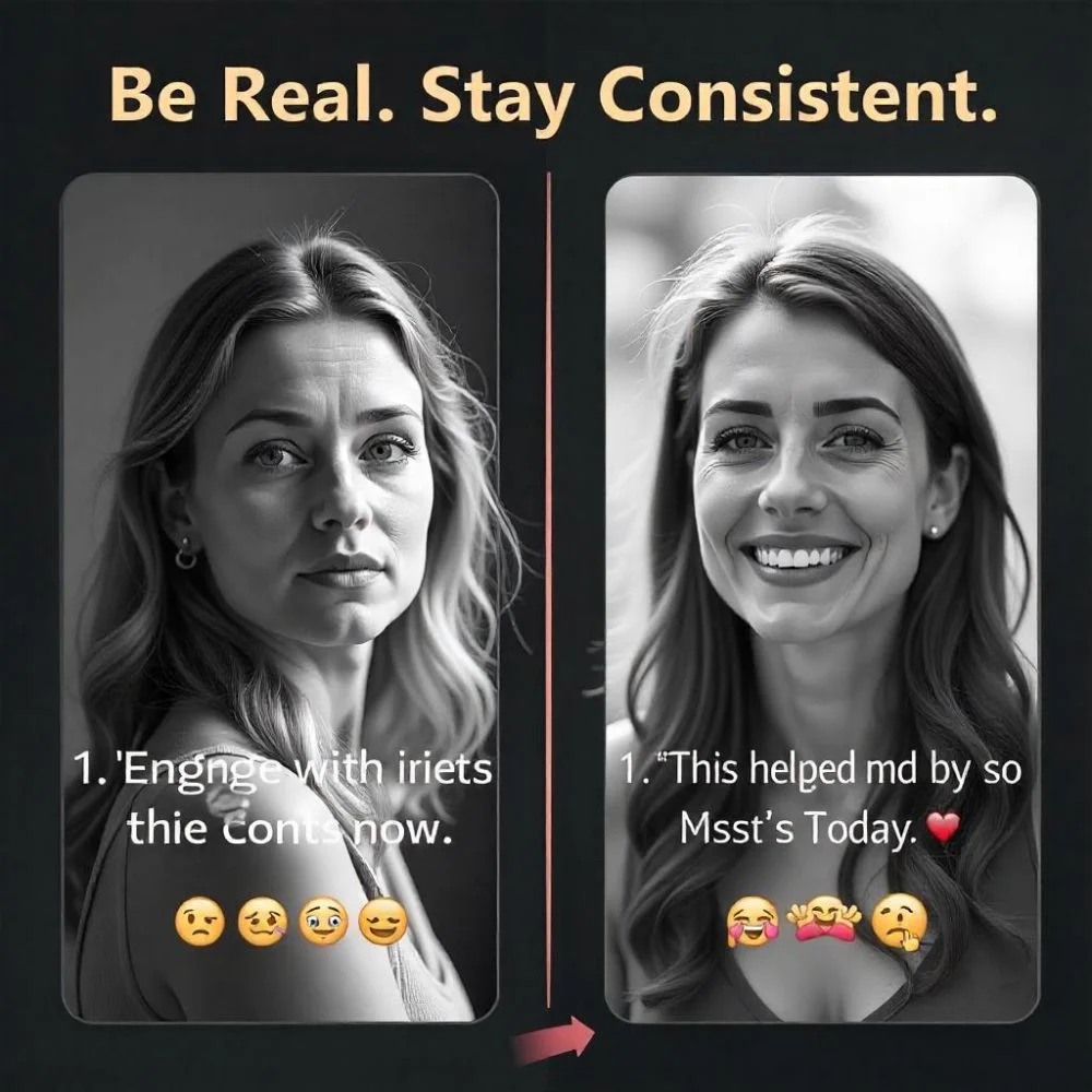 Side-by-side TikTok captions: one robotic and one authentic, with text “Be Real. Stay Consistent.” and matching emojis.