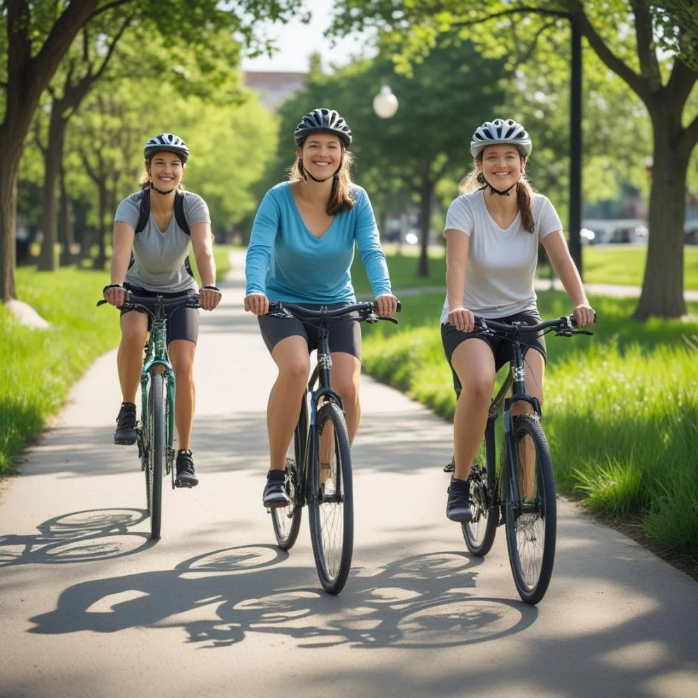 Beginner cyclists riding Giant, Trek, and Cannondale bikes on a sunny park trail.