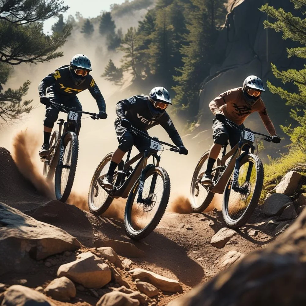 Mountain bikers riding Santa Cruz, Yeti, and GT bikes on a rocky forest trail.