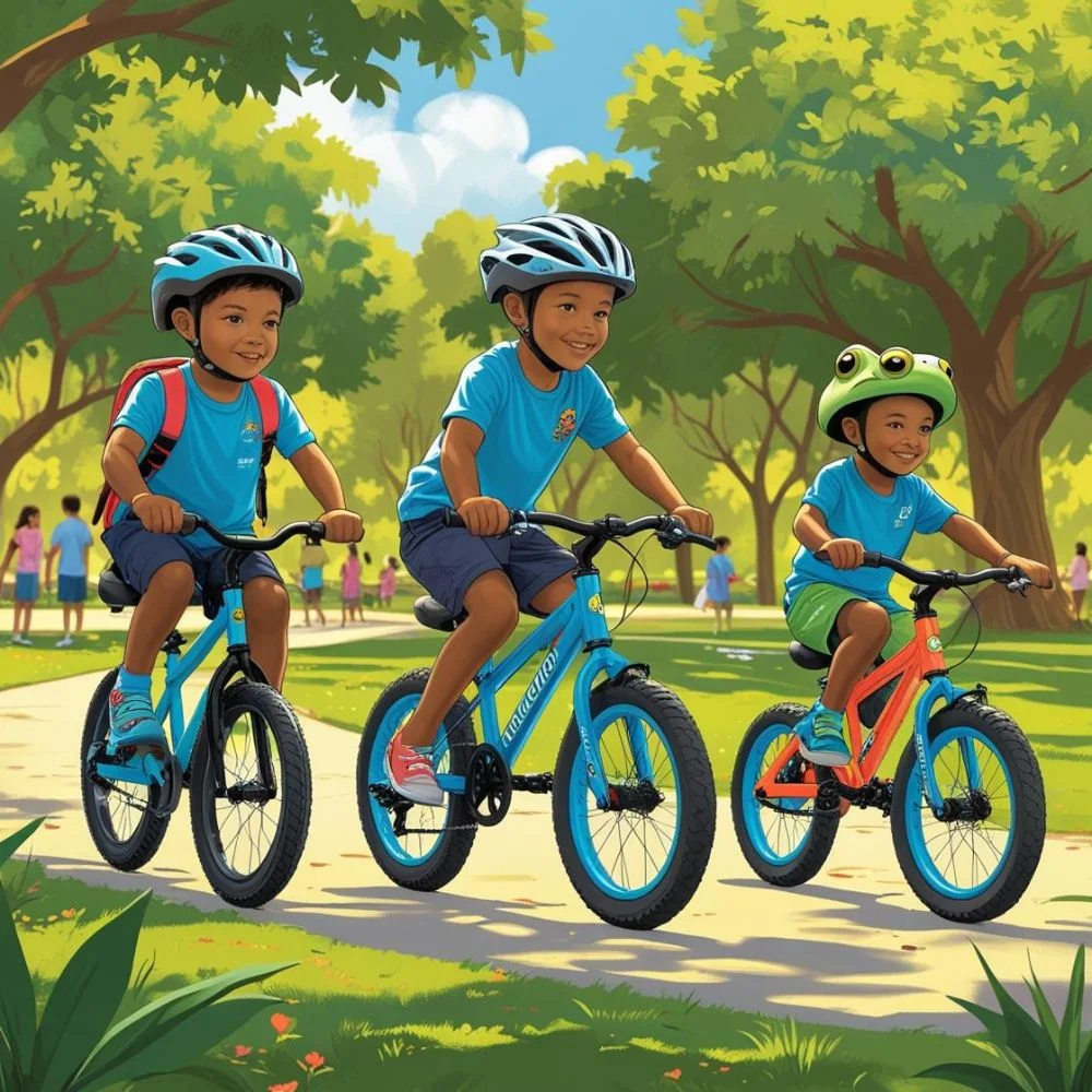 Kids riding Woom, Guardian, and Frog Bikes in a sunny park with safety gear.