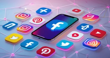 Colorful collage of top 2025 social media app logos around a smartphone.