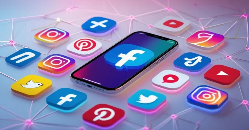 Colorful collage of top 2025 social media app logos around a smartphone.