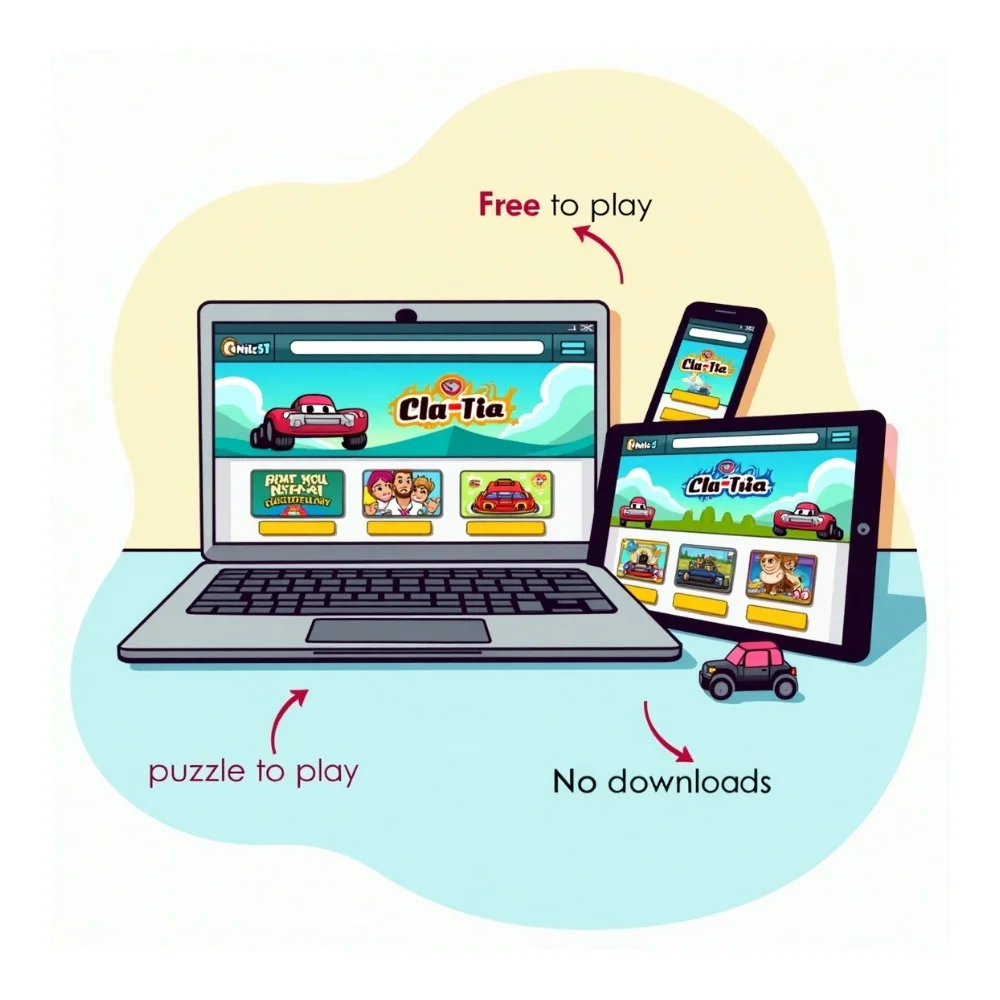 Image of Top features of Poki.com showing free online games on various devices with action, puzzle, and racing game icons.