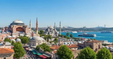 Tourists visit top city attractions in Istanbul including Hagia Sophia, Blue Mosque, Bosphorus cruise, and bustling local markets