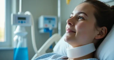 Image of Patient using a trach collar for breathing support.
