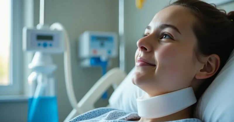 Image of Patient using a trach collar for breathing support.