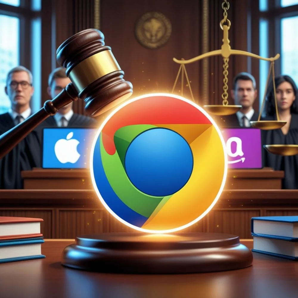 Gavel hits Chrome logo, ripple effect reaches other tech giants.