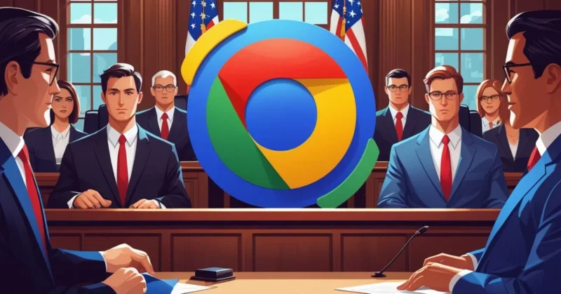 Courtroom trial with Google Chrome logo and competing browsers.