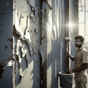 Realistic metal surface with peeling paint, cracks, and rust under sunlight showing traditional coating damage.