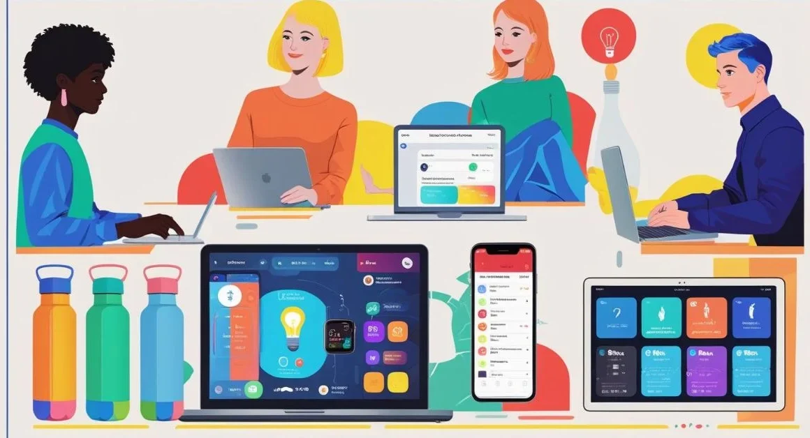 "Modern lifestyle with smart tech, work, wellness, and habits"