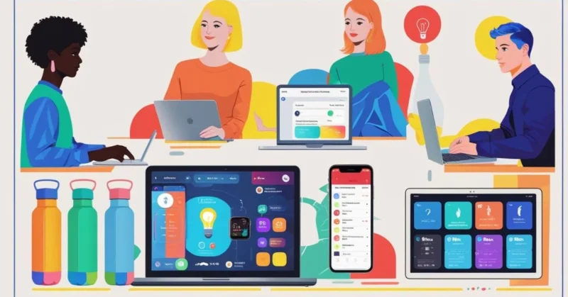 "Modern lifestyle with smart tech, work, wellness, and habits"