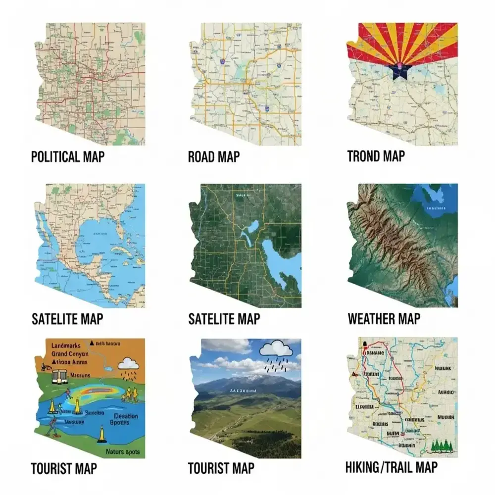 Infographic showing types of maps used in Arizona with icons and short descriptions.