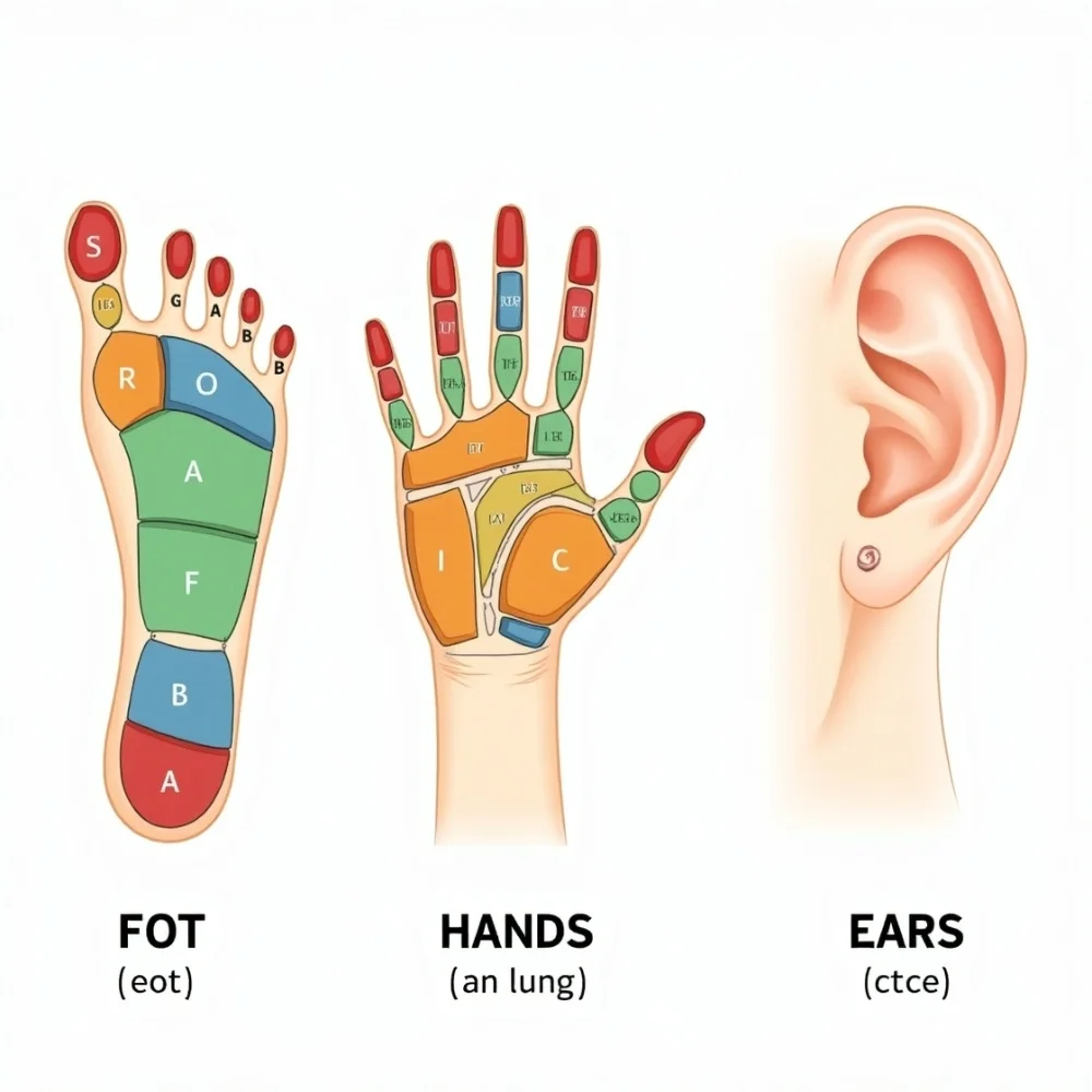 Image of Foot, hand, and ear reflexology charts showing pressure points linked to body organs and systems.